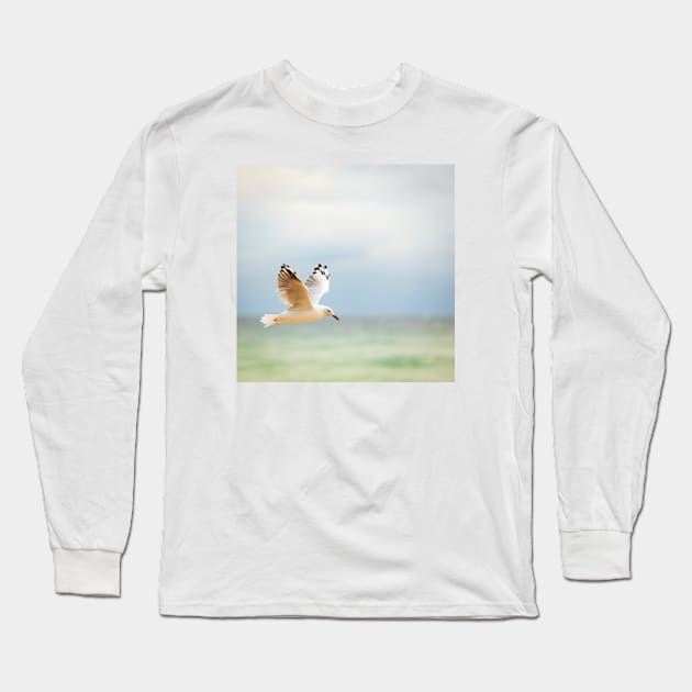 Seagull Flying Over Ocean Long Sleeve T-Shirt by THP Creative